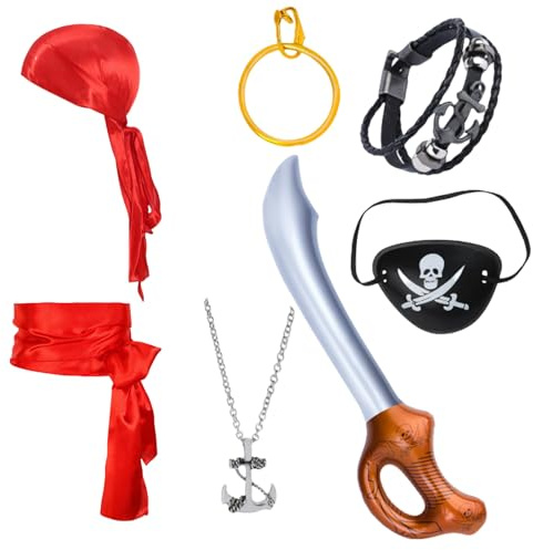 GWAWG Set di accessori per costume da pirata, 7 pezzi, costume da pirata per adulti e bambini con benda per occhi, orecchini, braccialetto, foulard, cintura, collana, palloncino con spada, Halloween e