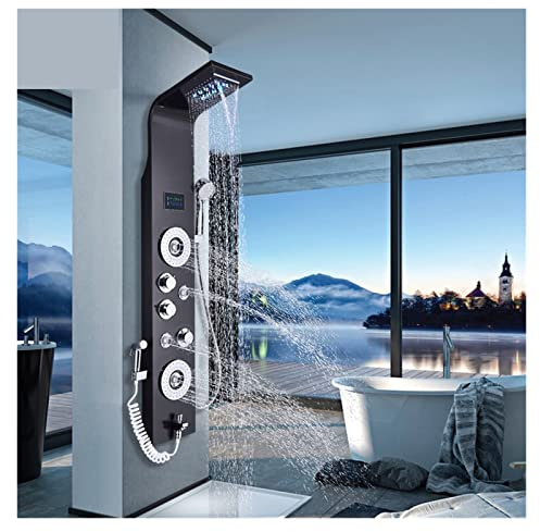Douche à commande tactile, Panneau de douche à LED en nickel noir Six fonctions Colonne de douche Pluie Cascade Douche Massage Spa Jets Baignoire Douche avec bidet Robinets de bain(Black 8025)