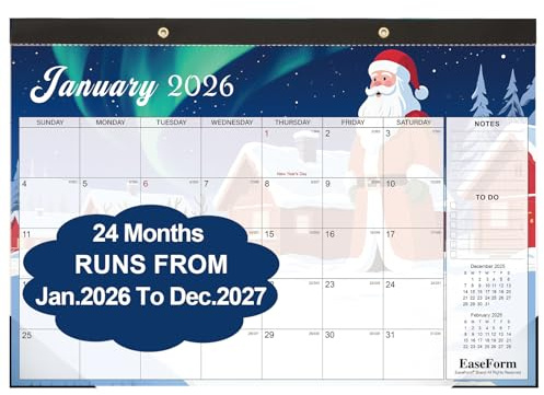 EaseForm 24 Month Desk Calendar 2026-2027, Runs from January 2026 to December 2027, Large 17x12 Desktop/Wall Monthly Calendar, 2 Year Academic Calendar with Note & To Do for Home, School or office