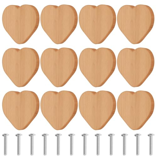 12 pomos de madera con forma de corazón, cajones de madera con tornillos, pomos de muebles y cajones, tiradores de madera para armarios, habitaciones infantiles, tiradores de armario para armarios