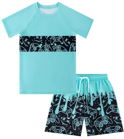 Boys Swim Sets Kids Short Sleeve Bathing Suit Green Rash Guard for Boys Game Console Swim Trunks with Surfing Water Shirts Size 10