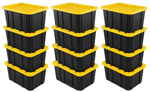 Sterilite 12 Pack Industrial Tote, Plastic Storage Container Bins with Lids, 27 Gallon - Heavy-Duty Organizing Containers for Closet, Bathroom, and Office