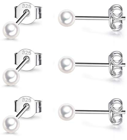 Sterling Silver Stud Earrings for Women Men- 3 Pairs 3mm Tiny Ball Stud Earrings Round CZ Earrings Pearl Earrings Set Cartilage Small Tragus Earrings