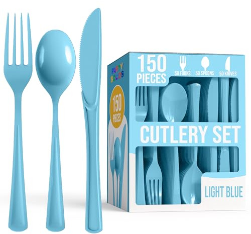 Party Solids Light Blue Plastic Silverware Heavy Duty 150 Pieces Light Blue Disposable Silverware Heavy Duty, Utensil Sets, 50 Of Each Forks, Knives & Spoons Disposable Cutlery Set For Party Supplies