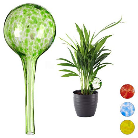 Relaxdays Set di 2 sfere per irrigazione dosate per piante e fiori, per ufficio, vacanze, diametro 6 cm, vetro, verde