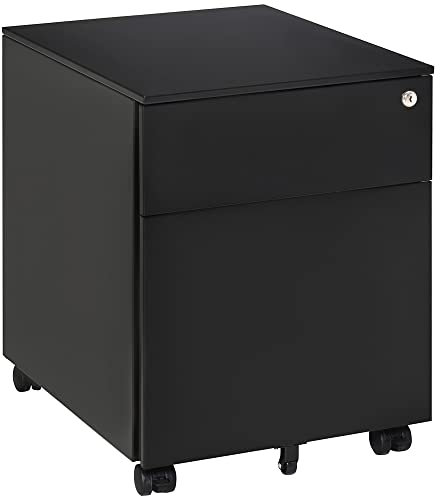Vinsetto 2-Drawer Vertical File Cabinet, Lockable Steel Filing Cabinet with Pencil Tray and Hanging Bar for A4, Letter, Legal-sized Files, Fully Assembled Except Casters, Black