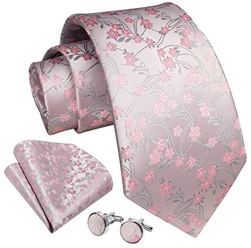 Enlision Hommes Cravates Rose Cravate et Pochette Ensemble Floral Cravate Mouchoir Avec Boutons De Manchette Cravates En Soie pour Mariage Fête D'affaires Formelle