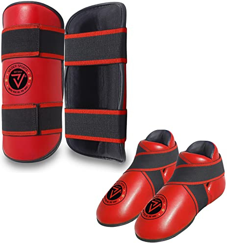 VADER SPORTS EST.2001 MED DIG ALLTID Kickboxning Taekwondo karate tävling/sparring fotkuddar och benkuddar set (röda, stora/vuxna skor 8-10 år)