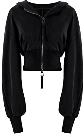 Arssm Cropped Hoodie Women Long Sleeve Sweatshirts Casual Fashion Hooded Zip up Workout Jacket with Thumb Holes (Black-M)