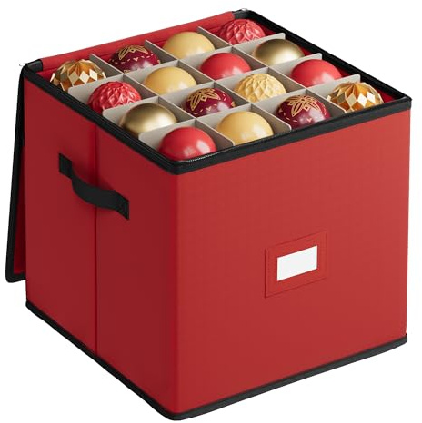 SONGMICS Christmas Decoration Storage Box, 7.6 cm 64 Slots, Stackable Christmas Bauble Storage Box with Lid, Dual Zippers, Adjustable Dividers, Non-Woven Fabric, Cherry Red RFB036R01