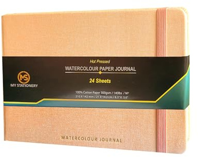 A5 Watercolour Pad Hot Pressed Paper Sketch Book Linen Fabric Hardcover Thread Sewn Binding Paper Journal 140lb (300gsm) 100% Cotton Off-White Paper Sketchbook 24 Sheets – Peach Cover