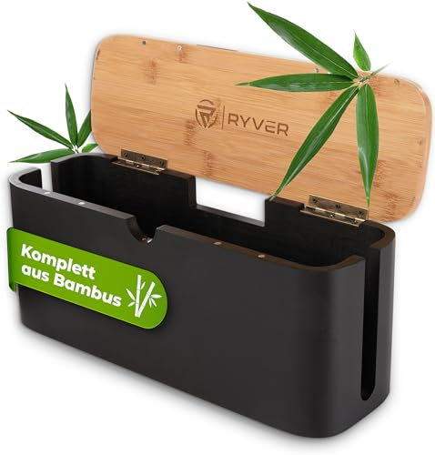 RYVER® Kabelbox Holz (schwarz/klein) aus nachhaltigem Bambus – Steckdosenbox im hochwertigem Skandi Design für mehr Ordnung die sich sehen lassen kann
