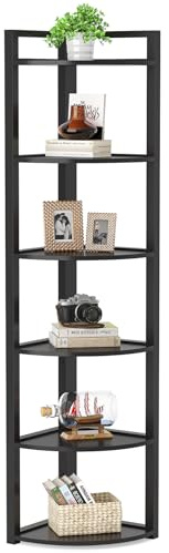 LITTLE TREE 6-Tier Corner Shelf, 70.86 Industrial Corner Bookshelf with Metal Frame, Narrow Tall Corner Bookcase for Living Room, Home Office, Kitchen