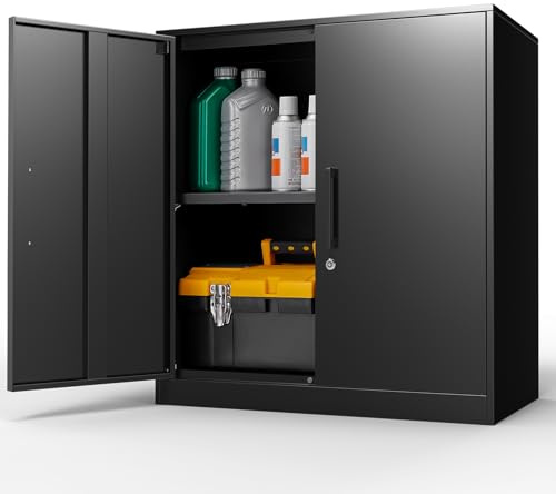 LUCYPAL Metal Storage Cabinets with 2 Doors and Handle,Steel Locking Storage Cabinet with Adjustable Shelves,Tool Cabinet for Office,Home, Garage (Black)