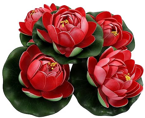 Garneck 5 Stück Lebensechte Künstliche Seerosenblätter Und Lotusblumen-teichdekorationen Weißer Hintergrund Roter Halboffener Lotus 10 cm Für Fischtank Aquarium Teich Pool