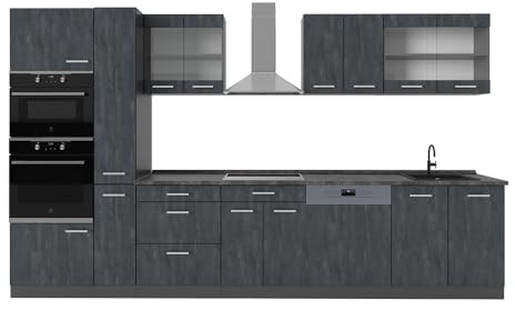 Vicco Küchenzeile R-Line, Schwarz Beton/Anthrazit, 350 cm ohne Arbeitsplatte, zur flexiblen Erweiterung durch zusätzliche Module geeignet