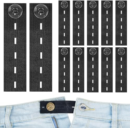 12 STK Justerbar Midjeutvidgning för Damer, Midjeutvidgning Graviditet, Byxknappsförlängning, Justerbara Midjebandsförlängare, Knappförlängning för Byxor Jeans Förlängningsknappar - Svart