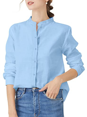 HOTEVE Womens Button Down Shirts Long Sleeve Summer no Iron Blouse Basic Lightweight Collar Dress Light Blue 040 Size L