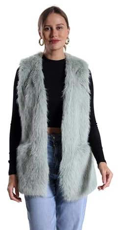 FunnyCos Gilet invernale da donna in finta pelliccia di coniglio, con scollo a V, senza maniche, soffice e caldo, con tasche, Salvia, M