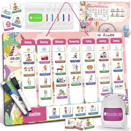 BuzzoXerex Wochenplaner Kinder, Tagesplaner Kinder Routine Stundenplan Abwischbar mit 240 Magnete, Kordel, Stift, Aufbewahrungstasche Routinen Planer Kinder für Einschulung Geschenk
