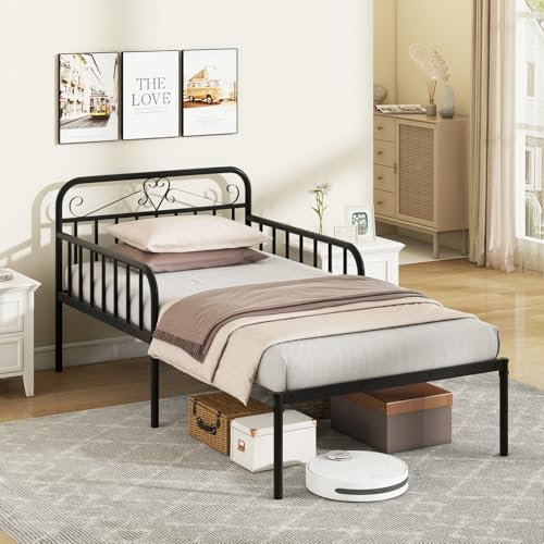 COSTWAY Metal Bed Frame, 3FT Extendable Daybed to Single Bed with Trundle and 31cm Underbed Storage Space, Bedroom Metal Slat Support Platform Day Bed Base Guest Sofa Bed, No Box Spring Needed (Black)