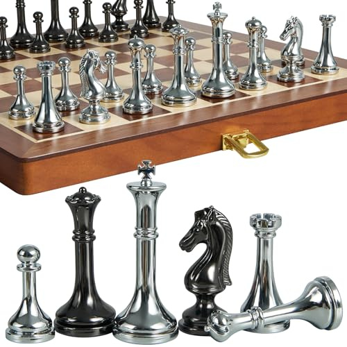 ELONGDI Metal Chess Set for Adults and Kids - 12 Inch Wooden Folding Chess Board and Metal Pieces, Travel Portable Chess Set - Extra Queens & 2.5 King, Ideal Gift for Chess Enthusiasts & Beginner