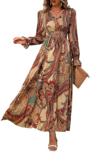 fdsmall Robe mi-longue bohème à fleurs pour femme, manches longues, col en V, fluide, décontractée, élastique, taille haute, coupe A, pour la plage, robe longue et maxi, marron, L
