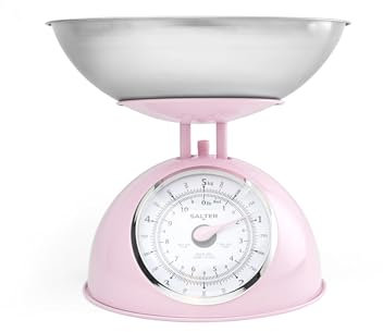 Balance de Cuisine Mécanique Rétro Rose Salter – Grand Cadran Rotatif Facile à Lire, Capacité de 5kg, Bol Lavable au Lave-vaisselle de 1 Litre, Balance Alimentaire Analogique, Hauteur de 22 cm