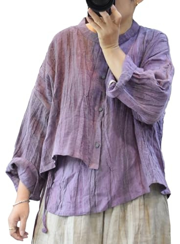 Women's Linen Shirt Button Down Stand Up Collar Blouse Long Sleeves Casual Loose Fit Tunic Irregular Tops (US, Alpha, One Size, Regular, Regular, Purple)