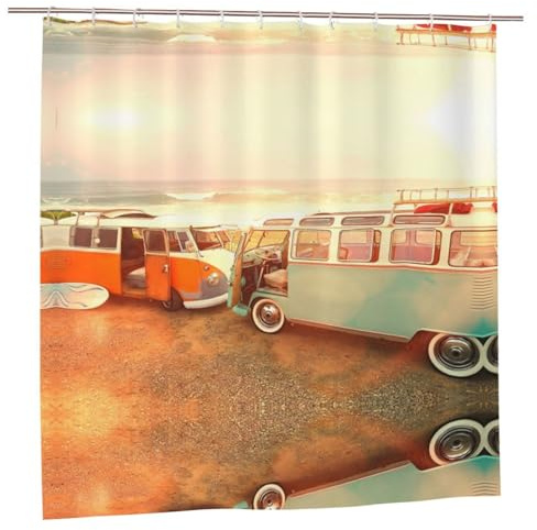 EZDLOWVBA Duschvorhang, Motiv: Auto am Strand, 183 x 183 cm, schimmelresistent, Polyester-Stoff, Badvorhang mit 12 Haken, waschbar, schnelltrocknend