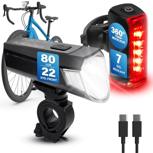 FISCHER Set di luci doppie per bicicletta, illuminazione a 360°, lampada a LED per bicicletta, 80 Lux, batteria ricaricabile con USB C, montaggio anteriore e posteriore senza attrezzi