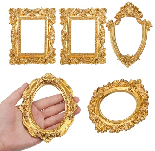 Toyvian 5pcs Mini Picture Frames: Mini Gold Vintage Picture Frames Set - Ornate Embossed Oval & Rectangle Antique Baroque Resin for Home Wall Wedding Decor & Photo Props