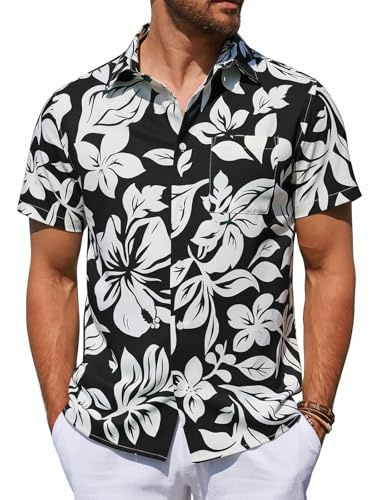 Runcati Chemise hawaïenne d'été à manches courtes pour homme - Boutonnée - Fleurs - Chemise de loisirs tropicale - Chemise de plage - Coupe droite - Chemise de fête avec poche de poitrine
