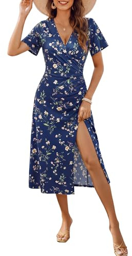 OURIN Wedding Guest Dress for Women Elegant Classy V Neck Cocktail Graduation Sundress Midi Spring Cruise Summer Dresses(Blue Floral,Medium)