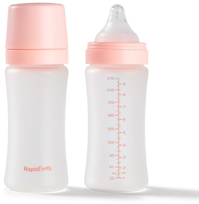 Nuby Pack of 2 RapidBottle Anti-Colic Glass Feeding Bottles - Rapid Bottle with Silicone Coated Glass Bottles with Breast-Like Teat | Quick Feed | No Microplastics | Fast Sterilising | 9oz (Pink)