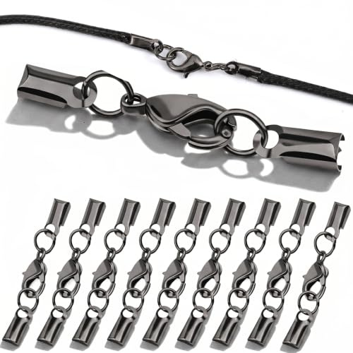 10 Sets Cord End Caps with Lobster Clasp Stainless Steel Lobster Clasp Cord Ends for Jewelry Making Connector Leather Necklace Bracelets DIY