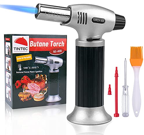 Culinary Blow Torch, Tintec Chef Cooking Torch Lighter, Butane Refillable, Flame Adjustable (MAX 2500°F) with Safety Lock for Cooking, BBQ, Baking, Brulee, Creme, DIY Soldering & more (Aluminum alloy)
