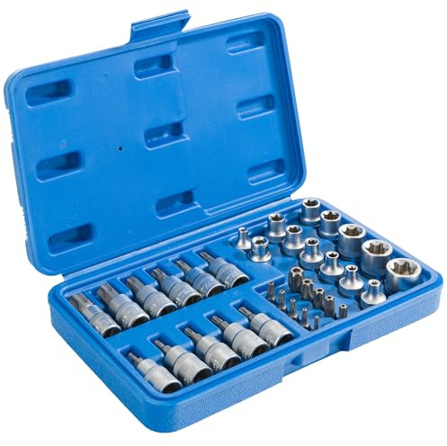 Arebos Stern Steckschlüssel Satz 34 teilig | E-Profil Nuss für Außentorx Schrauben + Bit-Sätze T-Profil für Innen-Torx | Schrauben mit Stirnloch-Bohrung für Sicherungsstifte (Sicherheits-Bits)
