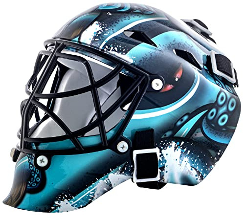 Franklin Sports Mini masque de gardien de but de hockey avec logo de l'équipe de la LNH de Seattle Kraken avec étui – Masque de gardien de but de collection avec logos et couleurs officiels de la LNH,