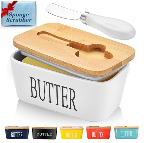 Butter Dish with Lid, Large Butter Container for Countertop, Ceramic Butter Holder for Counter, Butter Tray Butter Keeper with Knife and Sponge Scrubber, Perfect for 2 Sticks of Butter, White