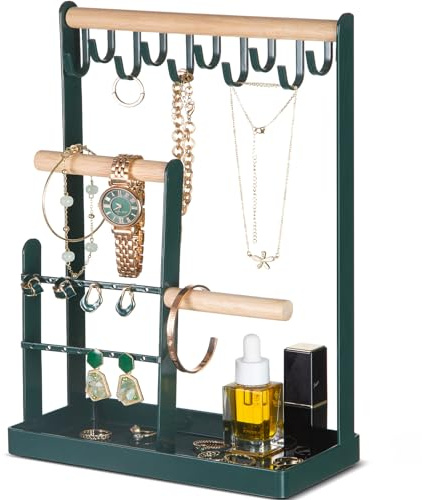ProCase Porte Bijoux Présentoir à Bijoux en Metal et Bois Durable avec Plateau et Crochets, Organisateur de Bijoux -Emeraude