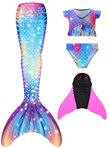 DNFUN Mädchen Meerjungfrauenflosse mit Bikini zum Schwimmen-Mermaid Tail Badeanzug Kinder meerjungfrau Flosse