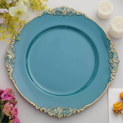 Efavormart 6 Pack Peacock Teal Gold 13 Round Baroque Charger Plates Leaf Embossed Rim for Tabletop Decor Catering Event Decoration