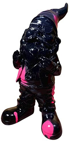 SEWAS Gartenzwerg mit Peace Kette, Schwarz Pink Splatter Otik, handbemalt, wetterfest, Kunstharz, Gartenfigur 27cm