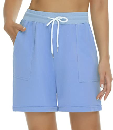 Shorts de Sport Femme Coton Pantalon Court Écontracté avec Poches Taille Haute Respirant Doux Short avec Cordon Élastique Bermuda pour Yoga Fitness Jogging Vacance Bleu Clair M