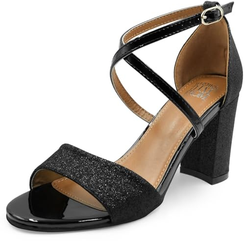 Womens High Block Heels Glitter Shoe Ankle Crossover Strap Ladies Comfort Support Sparkly Wedding Bridal Prom Graduation Shoes Evening Party Occasion Heeled Open Toe Strappy Dress Wide Fit Sandals