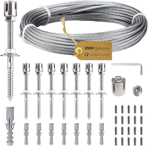 CUPCHID Supporto per Piante rampicanti in Acciaio Inox, Sistema Professionale Set Completo con Supporti a Parete e 3mm Corda in Acciaio (8 Supporti, 12m Corda)