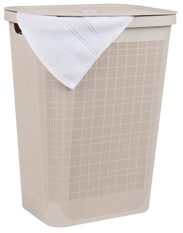 Mind Reader 60L Slim Laundry Hamper, Clothes Basket, Lid, Linen Design, Plastic, Ivory