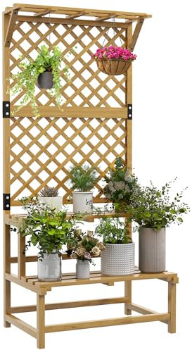 Outsunny Soporte para Plantas de Madera Estantería para Plantas de 2 Niveles Soporte para Macetas Exterior con Enrejado para Jardín Patio Terraza 75x50x166 cm Natural