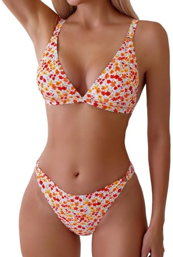 ZAFUL Women's 2 Piece Floral Print Swimsuit Triangle String High Cut Bikini Sets Bathing Suit (1-Orange Multicolor,S)